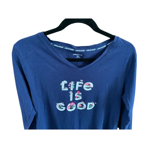 Life Is Good Women Size XL Long Sleeve Tshirt Tee Shirt Floral VNeck Navy Blue - Picture 3 of 4
